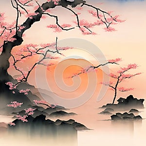 image of the traditional Japanese watercolor painting art featuring cherry blossoms,pagoda,bridge,bamboo and serene landscape.