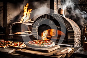 An image of a traditional wood-fired pizza oven with a blazing fire and a pizza baking on the stone surface