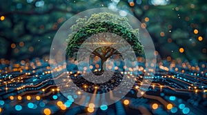 An image of a tree growing on a converging circuit board. Blue light and wireframe networks in the background. Concept