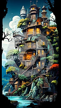 Image of tree house with stairs leading up to it. Generative AI