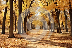 an image of a tree lined path in the middle of an autumn forest
