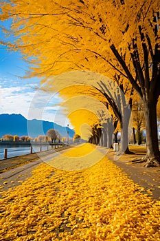 Image of tree lined road with yellow leaves on the ground. Generative AI