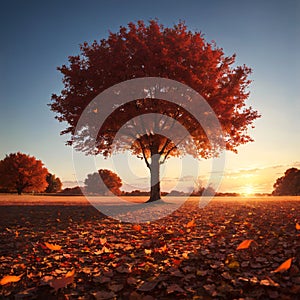 Tree of love. Red heart shaped tree at sunset. Beautiful landscape with red tree and falling leaves.Love background