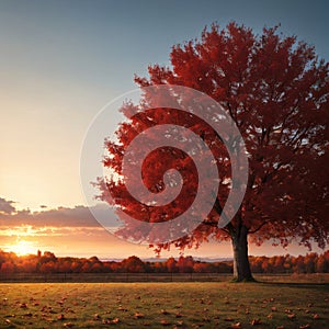 Tree of love. Red heart shaped tree at sunset. Beautiful landscape with red tree and falling leaves.Love background