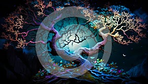 An image of tree in the moonlight. Generative AI