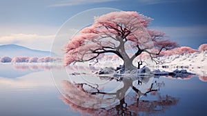 an image of a tree with pink flowers in the water