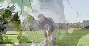 Image of trees over senior caucasian couple playing golf on golf course