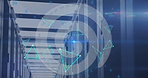 Image of triangles, numbers around circles and computer language over server room
