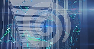 Image of triangles, numbers around circles and computer language over server room