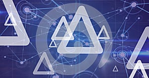 Image of triangles over network of connections on blue background