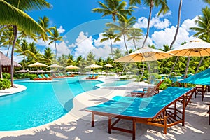 Tropical beach resort with umbrellas and lounge chairs in Punta Cana, Dominican Republic made with