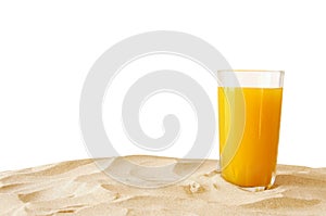 Image of tropical sandy beach, fruit cocktail and seashells