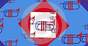 Image of trumpet in red and blue colours of flag of united states of america