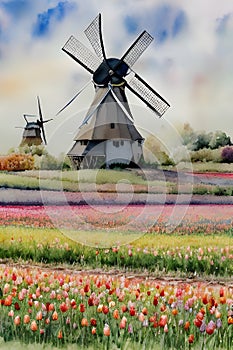 image of Tulip fields, fluffy clouds and windmill in the beautiful landscape of Netherlands.