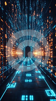 An image of a tunnel of binary code generated by a computer.