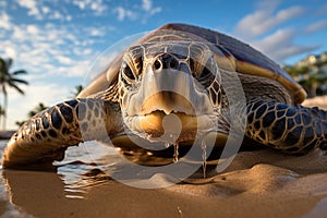 An image of a turtle laying eggs on a beach or a lizard shedding its skin in a pond.