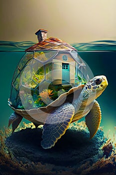 Image of turtle under water with house on it's back and house on top of it. Generative AI