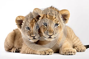 Image of two baby lions cubs cuddle together on white background. Wildlife Animals. Illustration, Generative AI