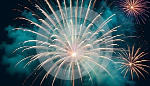 An image of two fireworks exploding in the night sky. The fireworks are white and blue, with a slight pink hue, creating photo