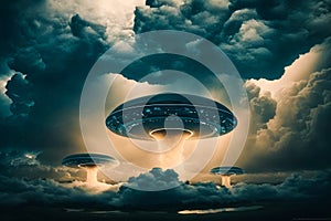 An image of two flying saucers in the sky. Generative AI