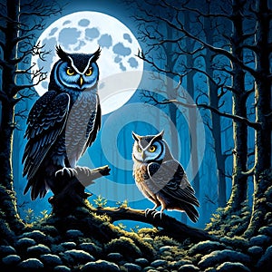 an image of two owls sitting on a branch in the woods