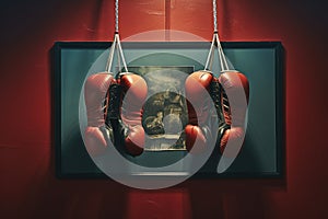 Image of two red boxing gloves hanging from a hook, ready for use in the boxing ring, Boxing gloves hanging on the wall of a gym,