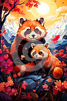 Image of two red pandas sitting on rock. Generative AI