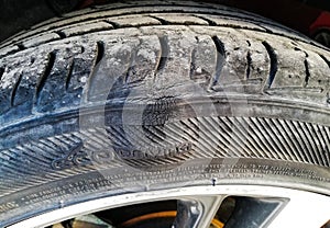 Tyre damage, Sidewall bulge or bump in a car Tyre, car repair, Tyre repair.