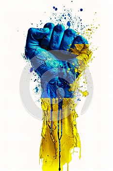 Image of the Ukraine flag, color mix, paint splashes, shape a 3D hand fist, minimalist, white background