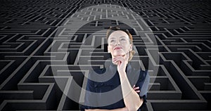 Image of uncertain caucasian woman and yellow question marks moving over grey maze