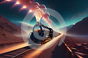 a vintage locomotive surging towards the viewpoint on an ethereal superhighway photo