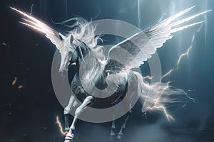 Image of a unicorn horse with light and lightning on a dark background. Wildlife Animals. Illustration, generative AI