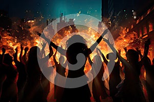 image of unidentical people dancing with silhouette image with firework background.by Generative AI.