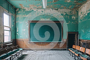 An image of an unoccupied classroom featuring a traditional chalkboard and rows of vacant chairs, A Gastby-esque depiction of an