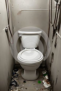 image of the unorganized or abandoned bathroom with bath tub, toilet and uncleaned shower.