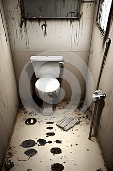 image of the unorganized or abandoned bathroom with bath tub, toilet and uncleaned shower.