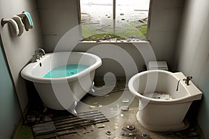 image of the unorganized or abandoned bathroom with bath tub, toilet and uncleaned shower.