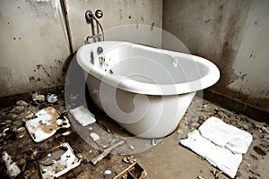 image of the unorganized or abandoned bathroom with bath tub, toilet and uncleaned shower.