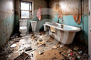 image of the unorganized or abandoned bathroom with bath tub, toilet and uncleaned shower.