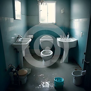 image of the unorganized or abandoned bathroom with bath tub, toilet and uncleaned shower.