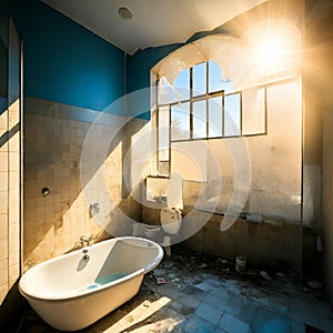 image of the unorganized or abandoned bathroom with bath tub, toilet and uncleaned shower.