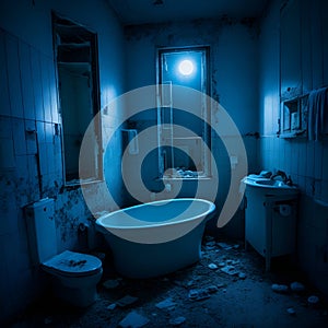 image of the unorganized or abandoned bathroom with bath tub, toilet and uncleaned shower.