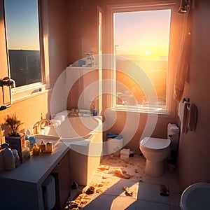 image of the unorganized or abandoned bathroom with bath tub, toilet and uncleaned shower.
