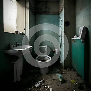 image of the unorganized or abandoned bathroom with bath tub, toilet and uncleaned shower.