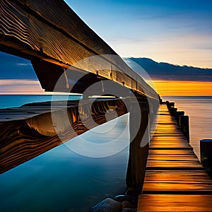 A wooden dock on a still lake at sunset generated by ai