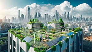 image of an urban roof garden with integrated green technologies