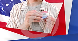 Image of usa elections text and american flag, diverse man with vote badge and woman waving flag