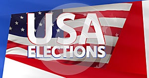 Image of usa elections text and american flag, diverse man with vote badge and woman waving flag