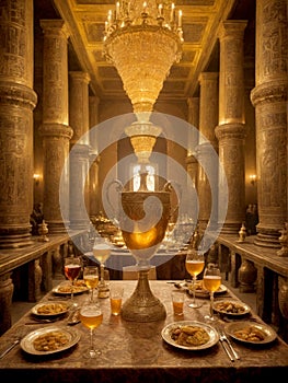 dinner with a large cup in the middle of the table