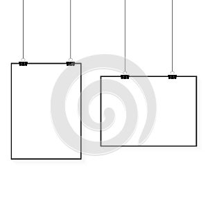 Image vector white poster hanging on binder. Grey wall with mock up empty paper blank. Layout mockup. Horizontal template sheet